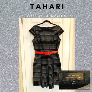 Tahari Cap Sleeve Fit & Flare Dress w/ Coral Belt -by Arther S. Lavine